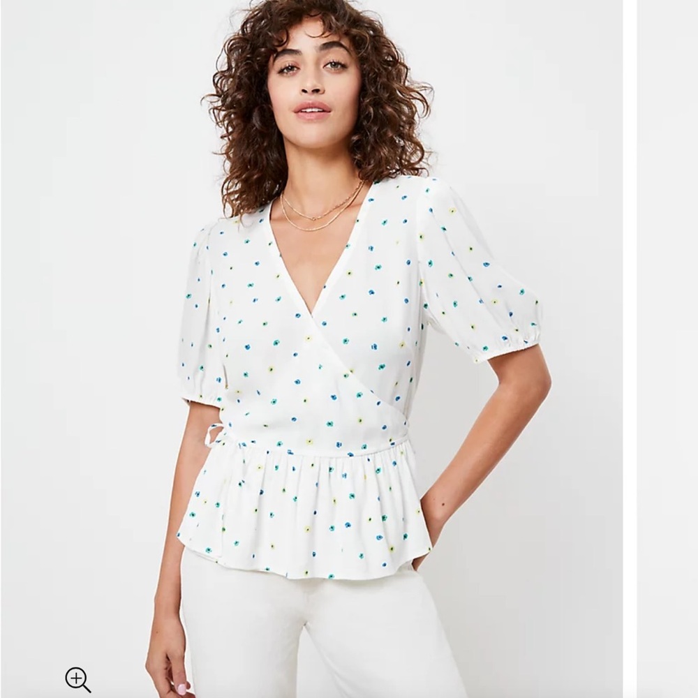 Loft White Floral Dot Wrap Short Sleeve Blouse